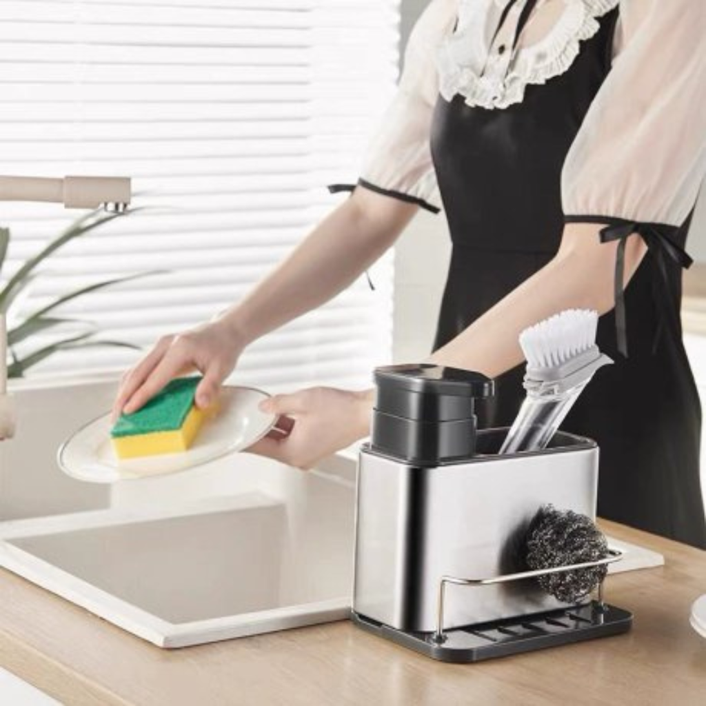 Distributeur de savon et organisateur d’accessoires pour cuisine